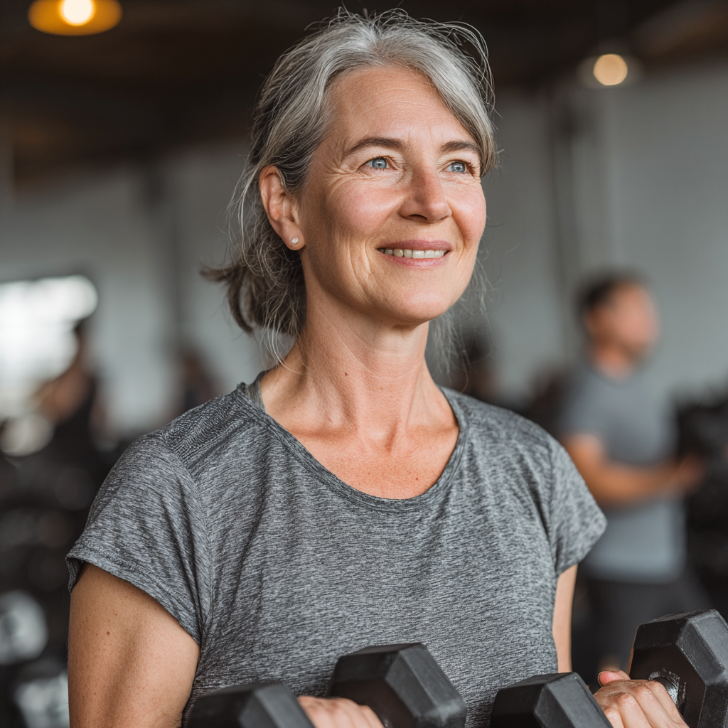 Mujer de 55 años realizando ejercicios de fuerza con pesas en el gimnasio, sonriendo con confianza mientras entrena