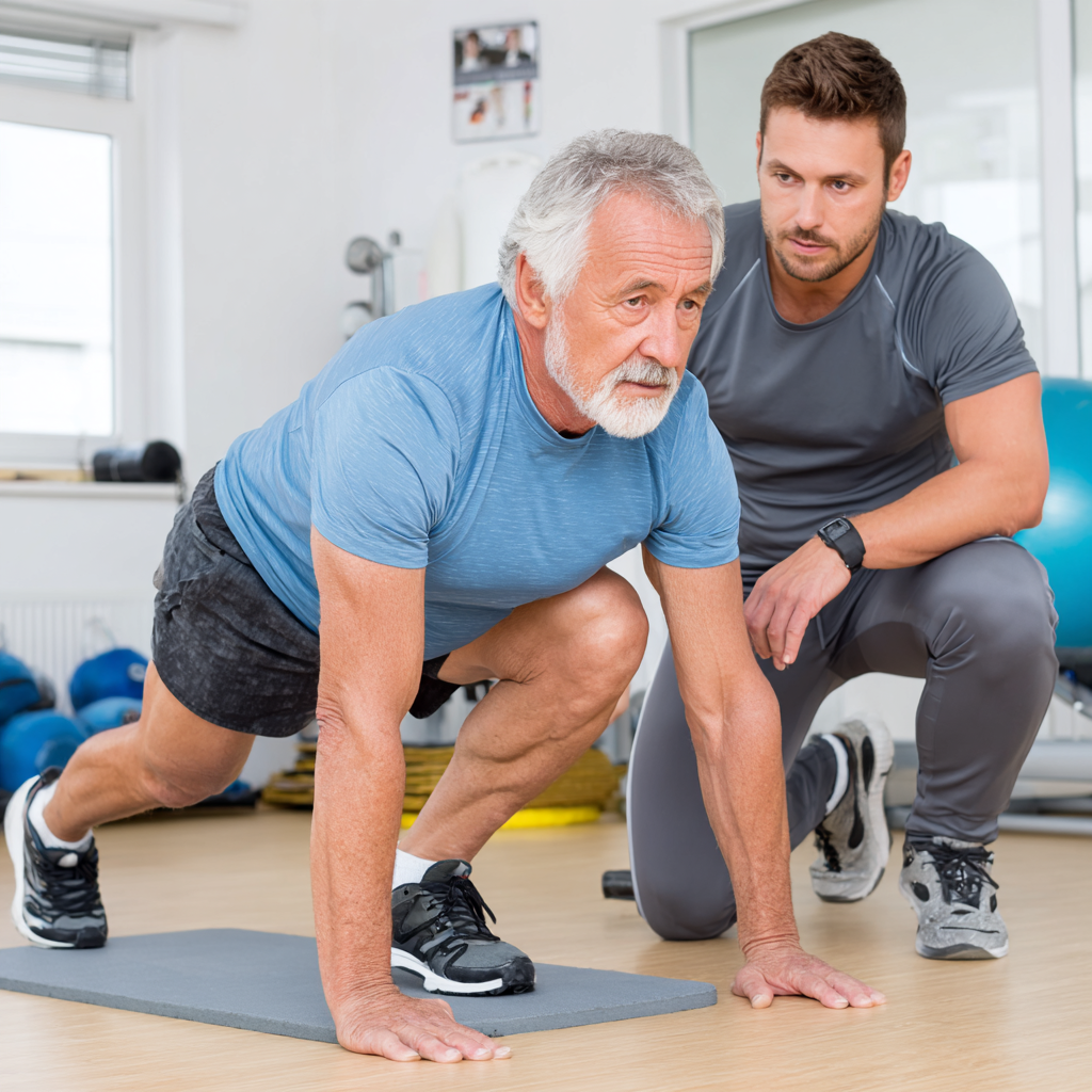 Hombre de 58 años trabajando con un entrenador personal en ejercicios de movilidad y fortalecimiento, en un ambiente profesional y motivador