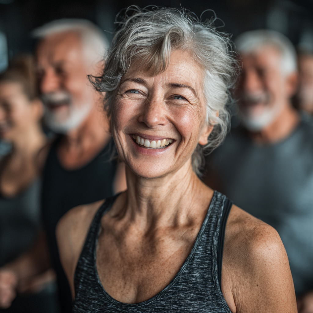 Grupo de adultos entre 50 y 60 años participando en una clase grupal de ejercicio, todos sonriendo y disfrutando la actividad física en equipo